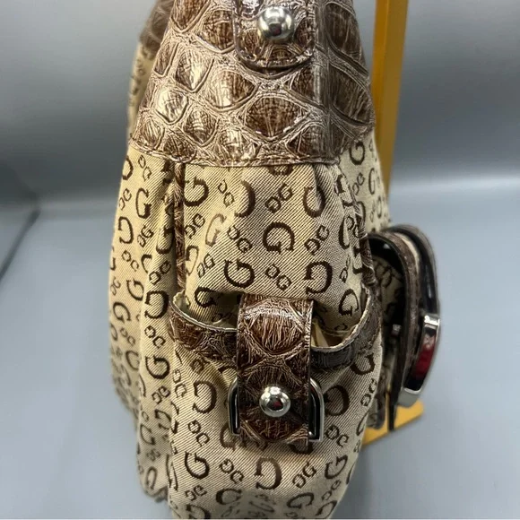 Vintage Guess  Beige & Brown Logo Hobo with Croc-Embossed Trim - Picture 4 of 16